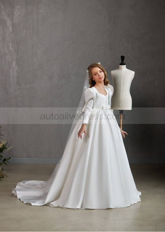 Long Sleeves Ivory Satin Corset Back Flower Girl Dress Long Sleeves Ivory Satin Corset Back Flower Girl Dress